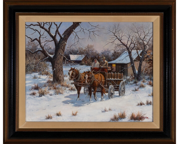 "A winter scene of two figures in a horse-drawn wagon moving through a snowy landscape."