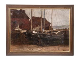 A moody maritime scene featuring a dark boat resting near red buildings under an overcast sky.