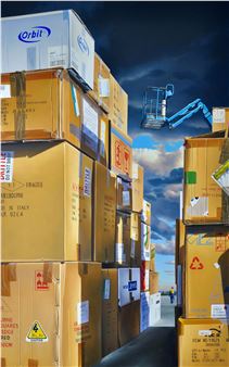A surreal painting of towering cardboard boxes under a dramatic sky with a blue crane arm reaching into the clouds.