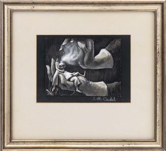 A monochromatic charcoal study of a hand holding a small doll-like figure.