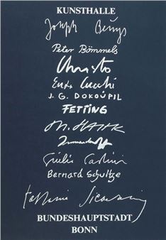 A vertical list of white handwritten signatures and printed text on a dark blue background.