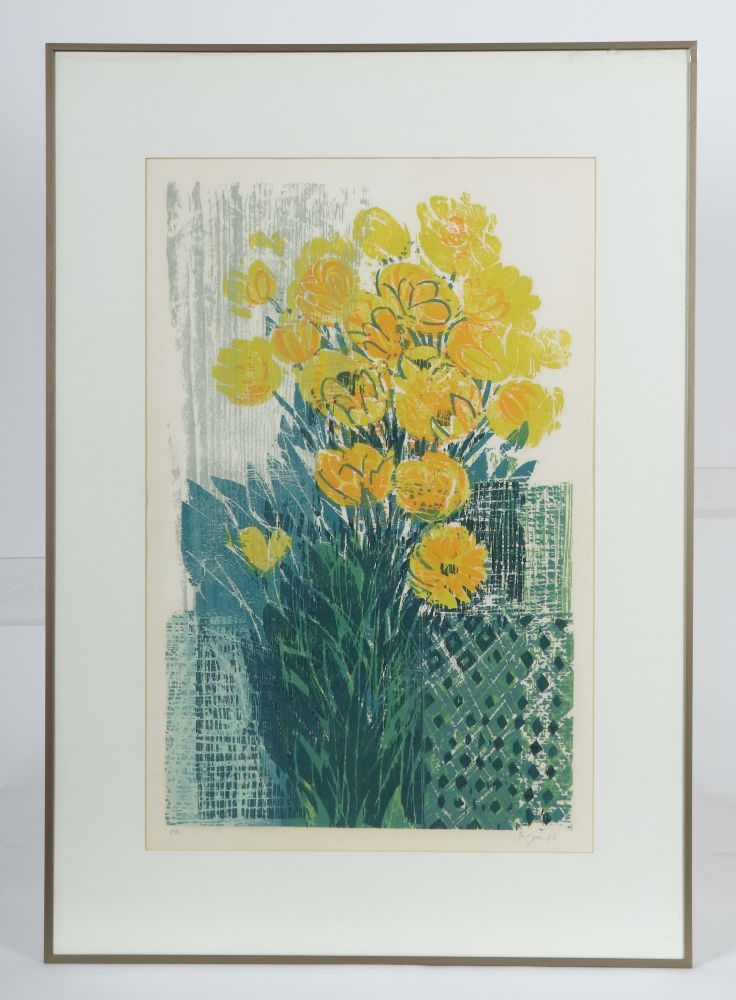 A vibrant print of yellow flowers in a vase with textured green foliage and geometric patterns.