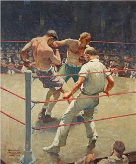 A dramatic boxing match captured mid-action with a referee intervening.
