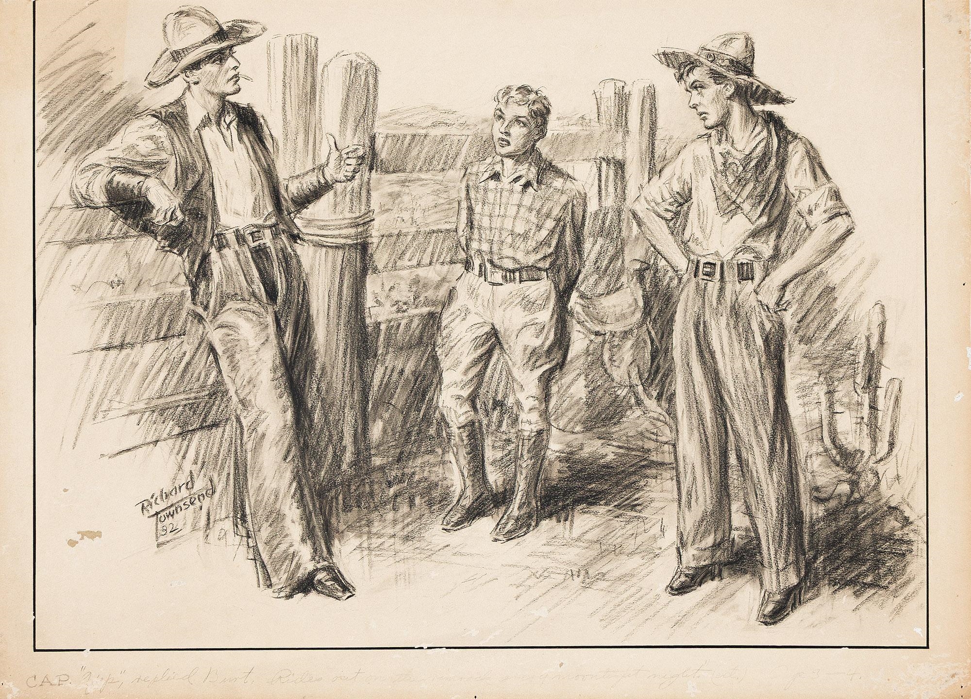A sketch of three western figures in conversation.