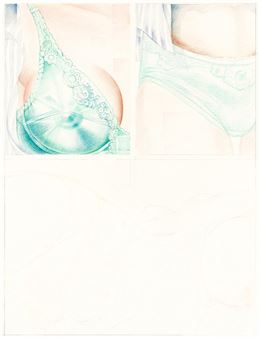 A soft, pastel-style illustration of a figure in light green lace lingerie against a blank background.