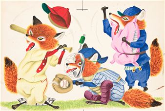 A whimsical illustration of anthropomorphic foxes playing baseball in a chaotic, cartoonish scene.