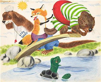 A whimsical illustration of anthropomorphic animals crossing a stream with a turtle.