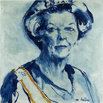 A monochromatic blue portrait of a woman in a crown, rendered with loose brushstrokes.