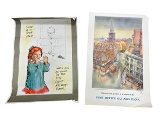 Various posters, to include a 1930's lithographic war time poster 'THEY DEPEND ON YOU', 86 x 56.5cm, '4D MINIMUM FOREIGN LETTER POSTAGE', 73 x 92cm, 'HELP THE FINNISH RED CROSS', 75 x 50cm, four Aldgate branch Post Office London posters, 91 x 61cm, and three advertising the post office savings bank, 94 x 63cm - Imre Hofbauer