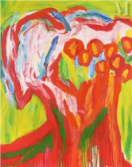 A vibrant abstract composition featuring a stylized tree with bold red and orange foliage against a bright green background.