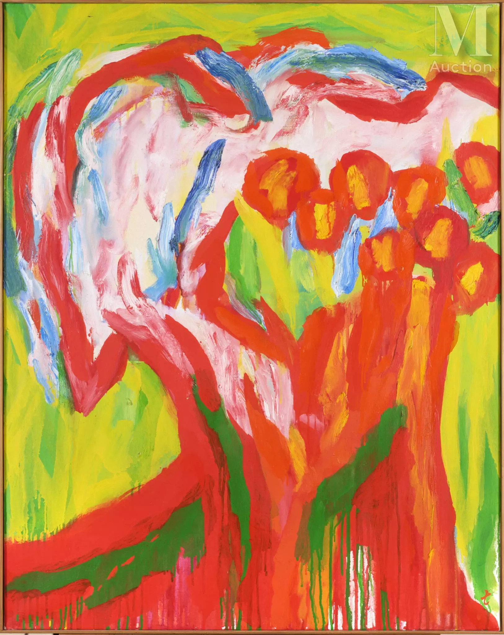 A vibrant abstract composition featuring a stylized tree with bold red and orange foliage against a bright green background.