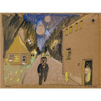 A surreal street scene featuring a central figure walking down a narrow alley with floating orbs and stylized buildings.