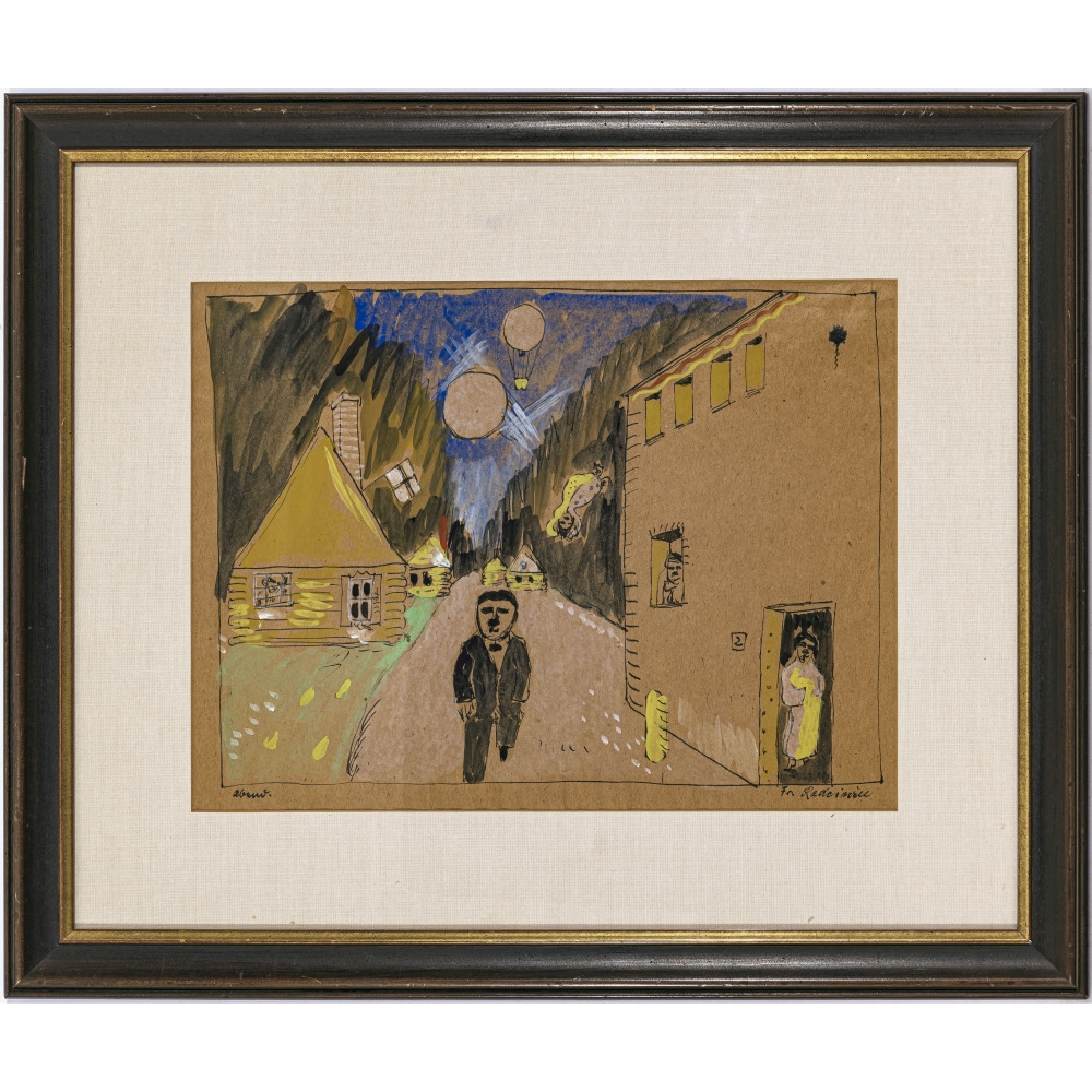 A surreal street scene featuring a central figure walking down a narrow alley with floating orbs and stylized buildings.