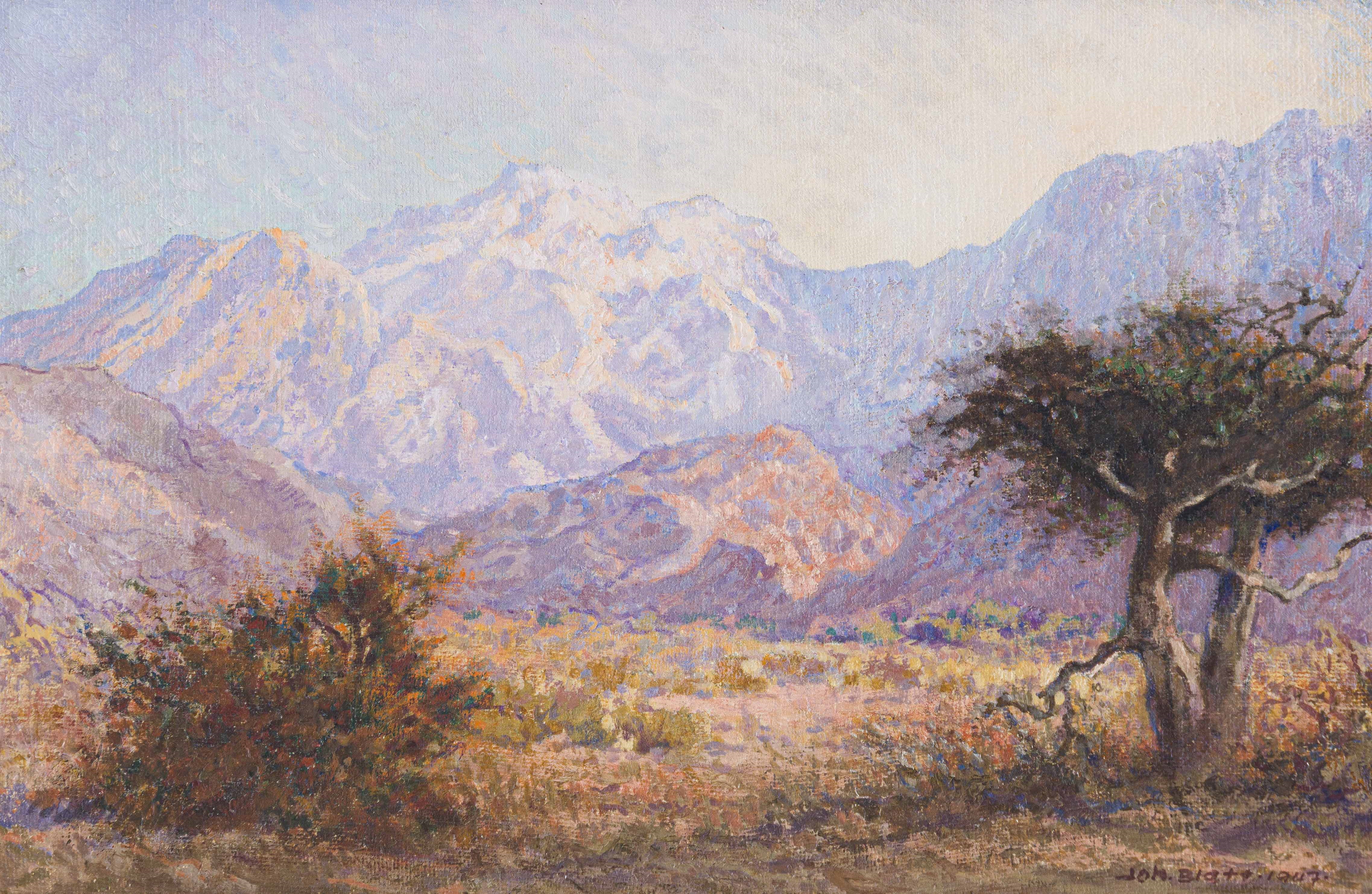 A hazy landscape painting featuring a solitary tree in the foreground and distant snow-capped mountains.