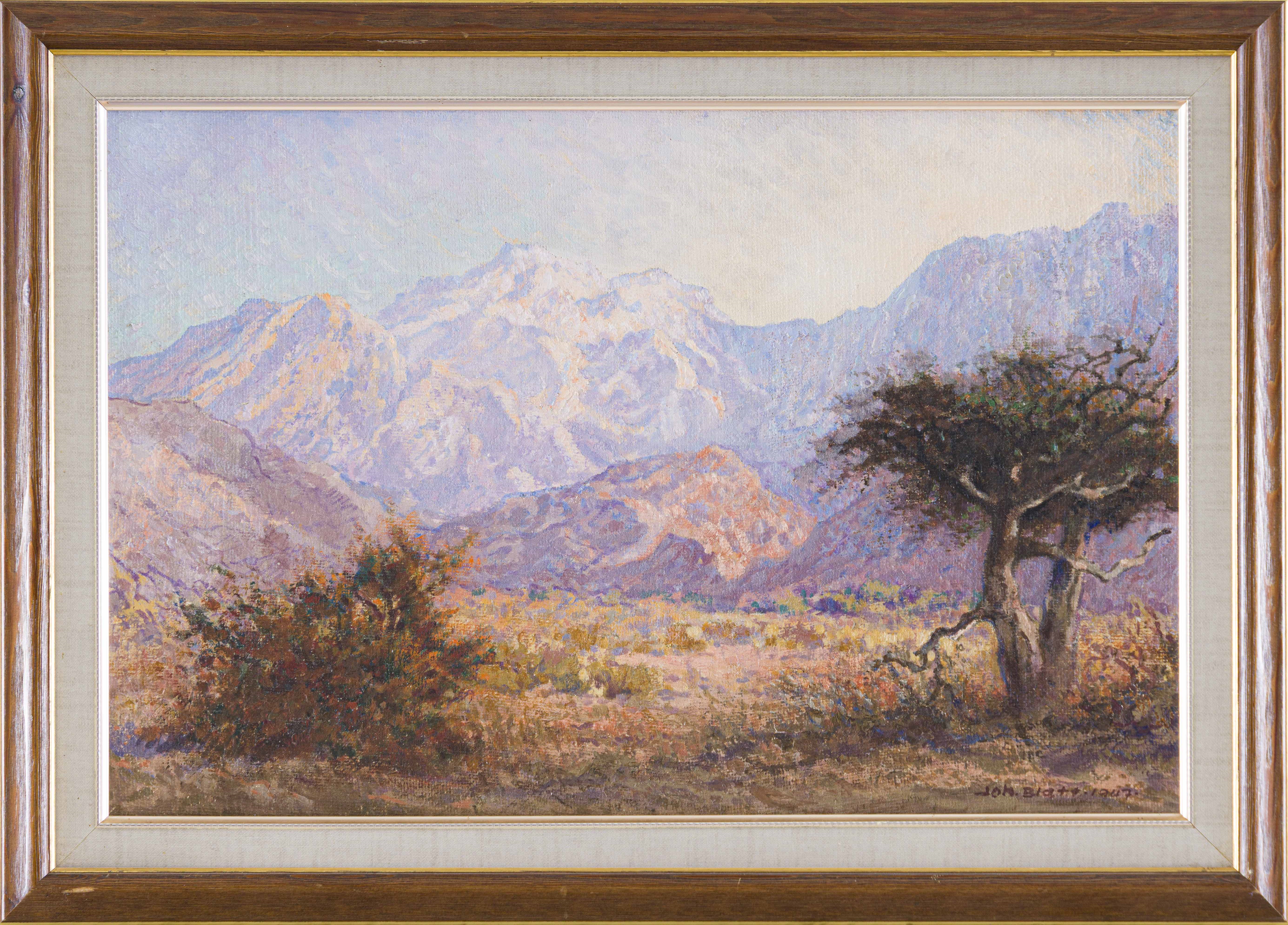 A hazy landscape painting featuring a solitary tree in the foreground and distant snow-capped mountains.