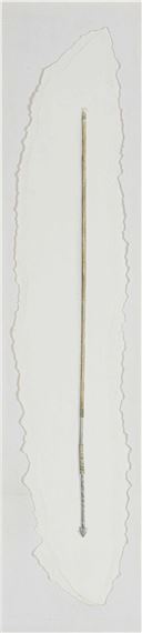 A minimalist vertical composition featuring a slender metallic needle resting on a jagged white paper shape.