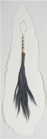 A minimalist composition featuring a dark, feather-like object suspended within a jagged white shape.