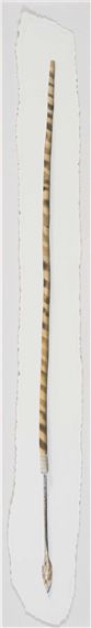 A vertical composition of a long, striped object with a metallic tip against a textured white background.
