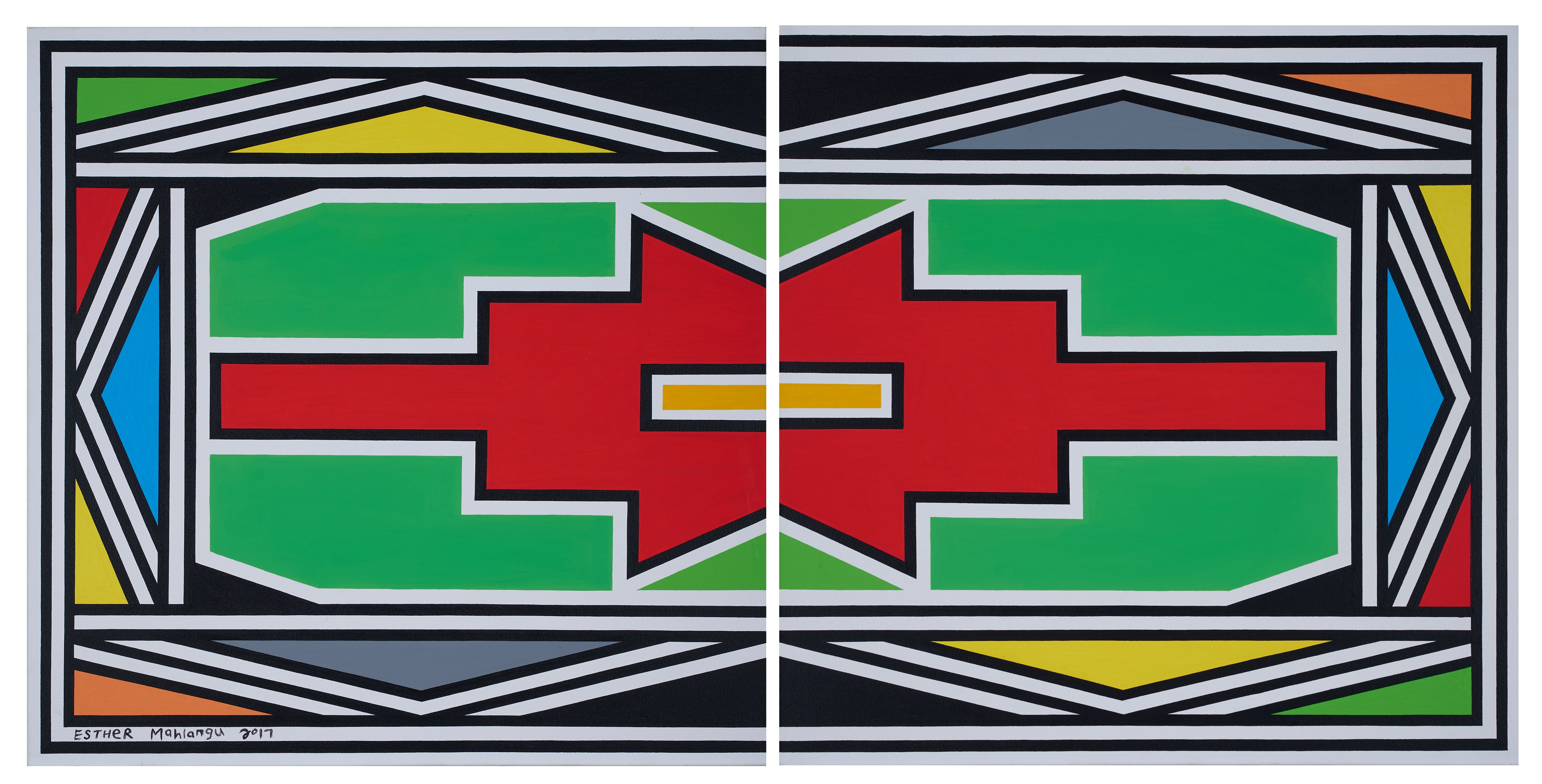 Esther Mahlangu | Untitled (Ndebele Pattern with Red Centre), Diptych ...