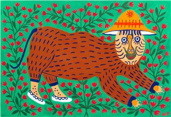 A whimsical illustration of a spotted tiger-like creature wearing a straw hat and shoes, walking through a field of red flowers.