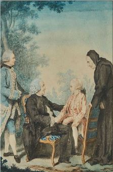 A pastel drawing of four figures in 18th-century attire interacting in a wooded setting.