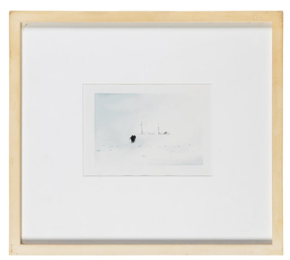 A desolate snowy landscape featuring two small figures and distant communication towers.