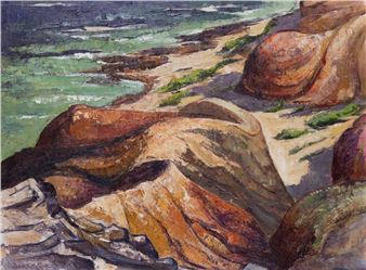 A textured landscape painting of a rocky coastline with green water and warm-toned boulders.