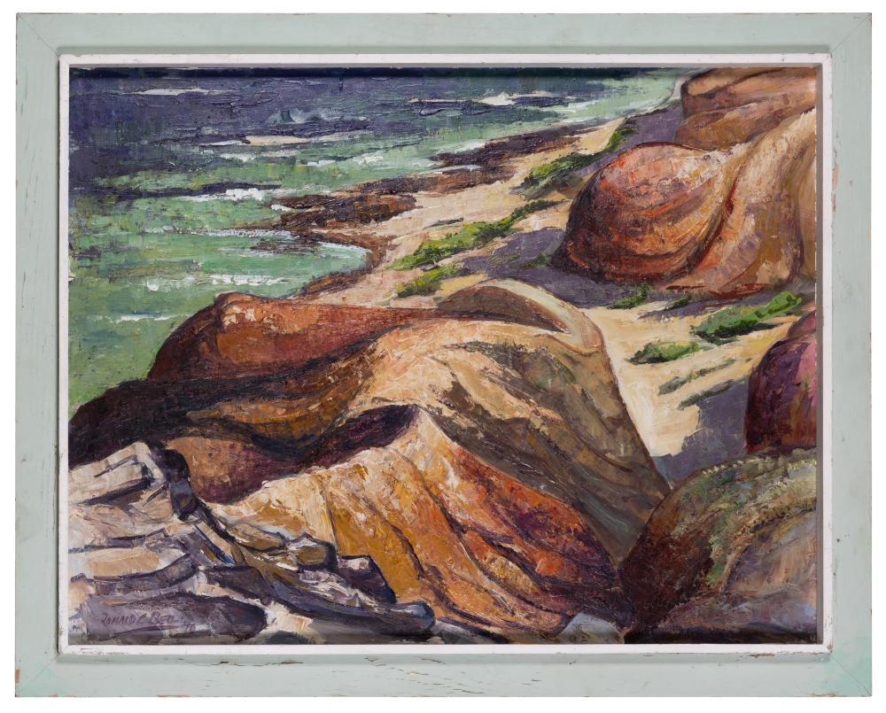 A textured landscape painting of a rocky coastline with green water and warm-toned boulders.