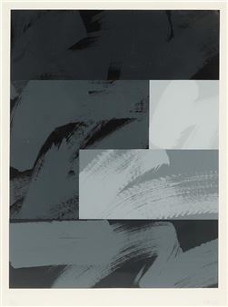 An abstract composition of layered brushstrokes in varying shades of grey and black.