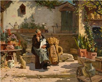 An elderly figure sits in a sunlit courtyard, cradling a white animal amidst rustic details and vibrant greenery.