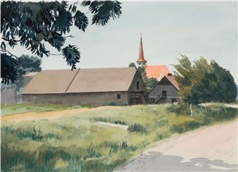 A watercolor landscape of a rural village with a church steeple and barns under a soft sky.