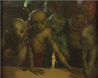 A dramatic painting featuring a tiny nude figure surrounded by a group of grotesque, monstrous figures.