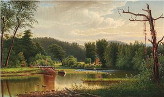 A serene landscape painting of a river scene with a rustic cabin nestled among trees.
