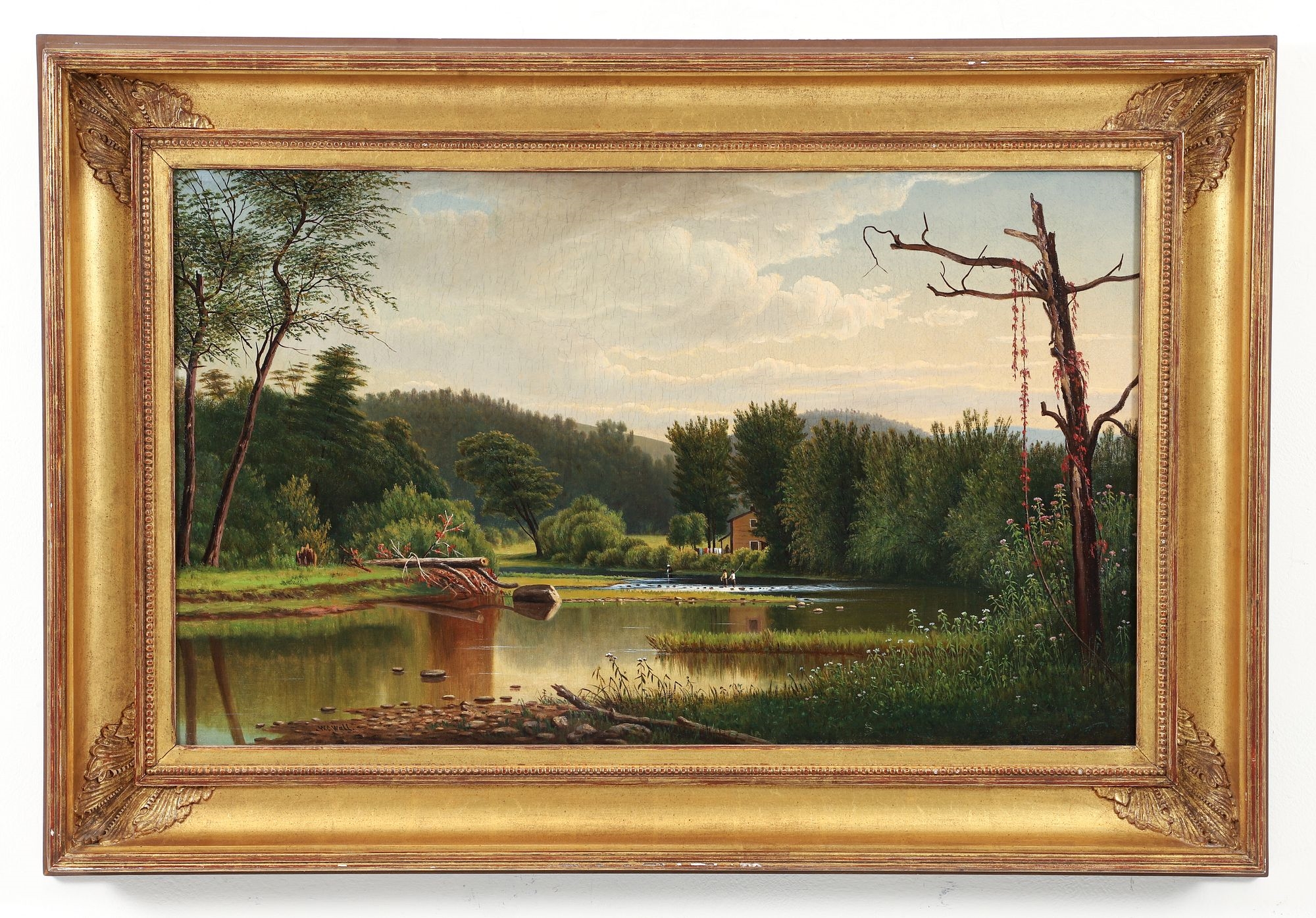 A serene landscape painting of a river scene with a rustic cabin nestled among trees.