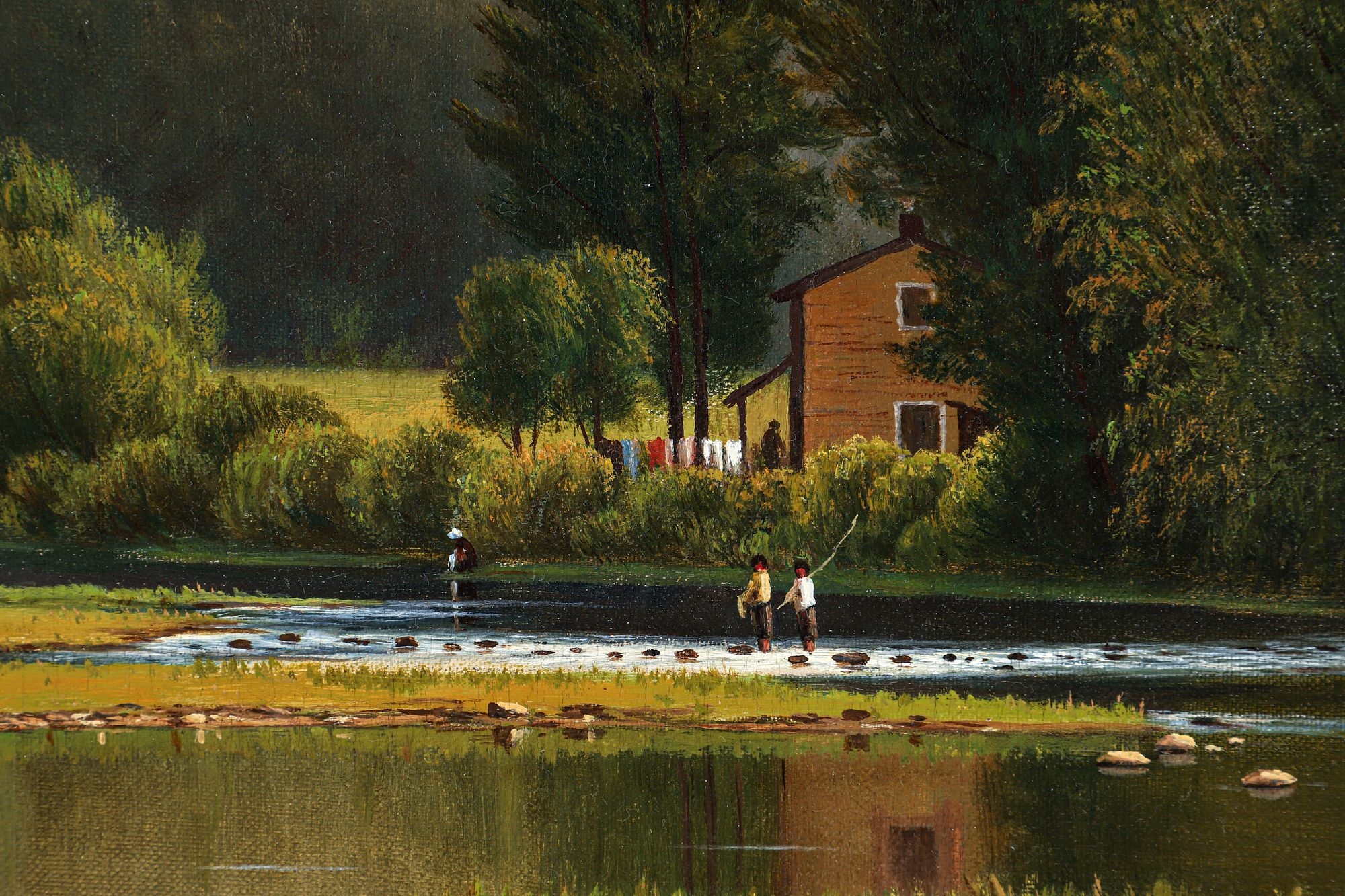 A serene landscape painting of a river scene with a rustic cabin nestled among trees.