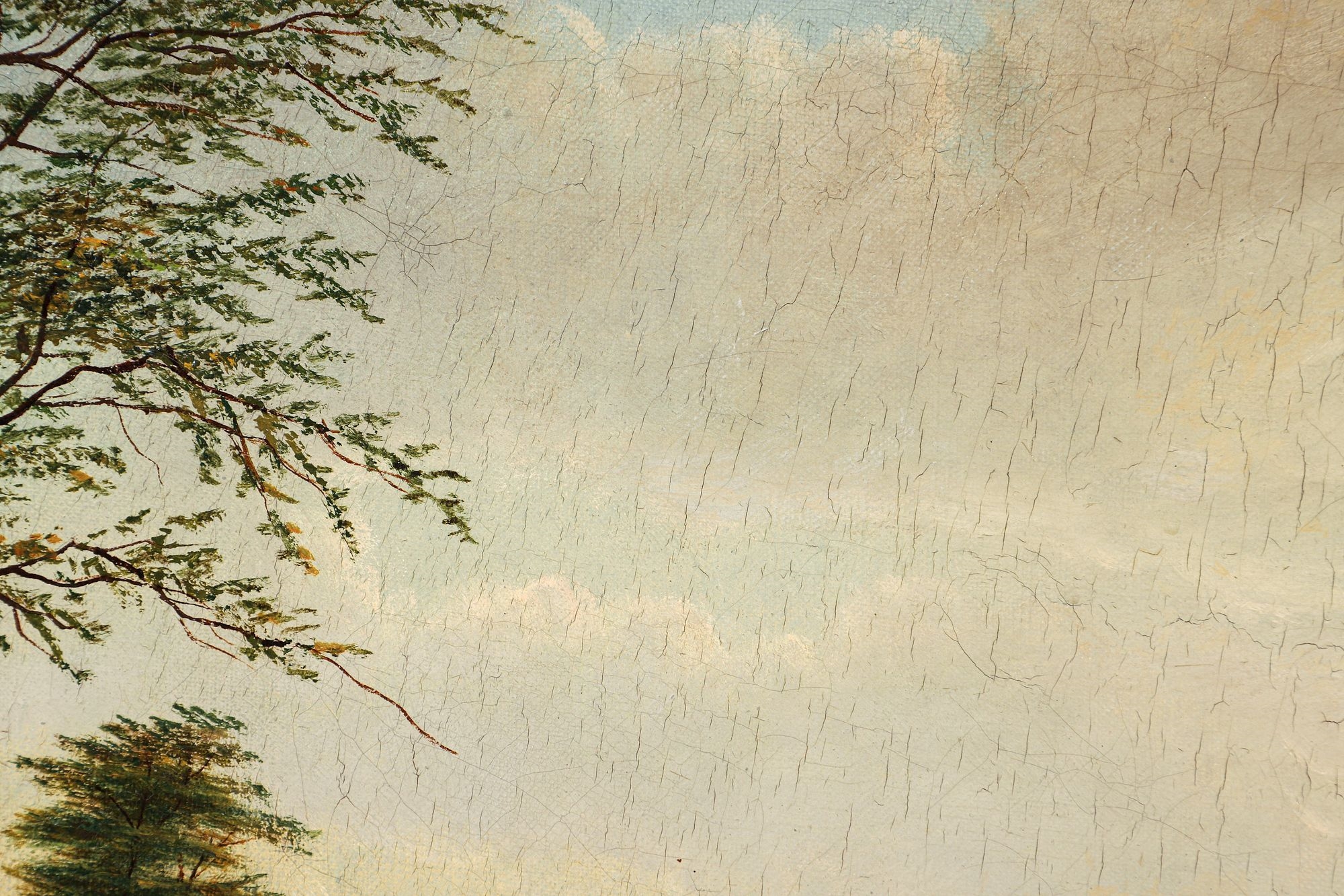 A serene landscape painting of a river scene with a rustic cabin nestled among trees.