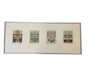 A framed print featuring four stylized building illustrations in a horizontal row.