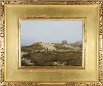 A landscape painting of a coastal dune scene in an ornate golden frame.