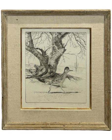 A monochromatic etching of a bird walking near the base of a gnarled tree.