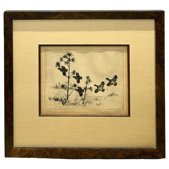 A framed etching of birds in flight over a sparse landscape.