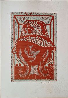 A stylized portrait of a figure wearing a patterned hat with a flower, rendered in bold red and white against a textured background.