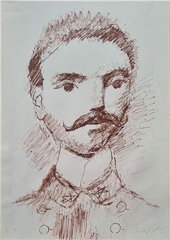 A sketchy portrait of a man with a mustache and military-style uniform.