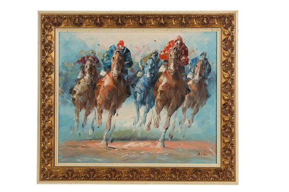 A dynamic oil painting of a horse race with jockeys in colorful silks galloping across a track.