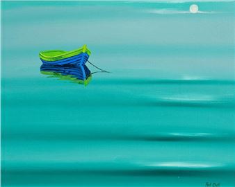 A solitary blue and green boat floats on calm turquoise water under a bright moon.
