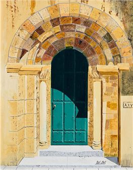 A vibrant watercolor painting of a stone archway with a teal door.