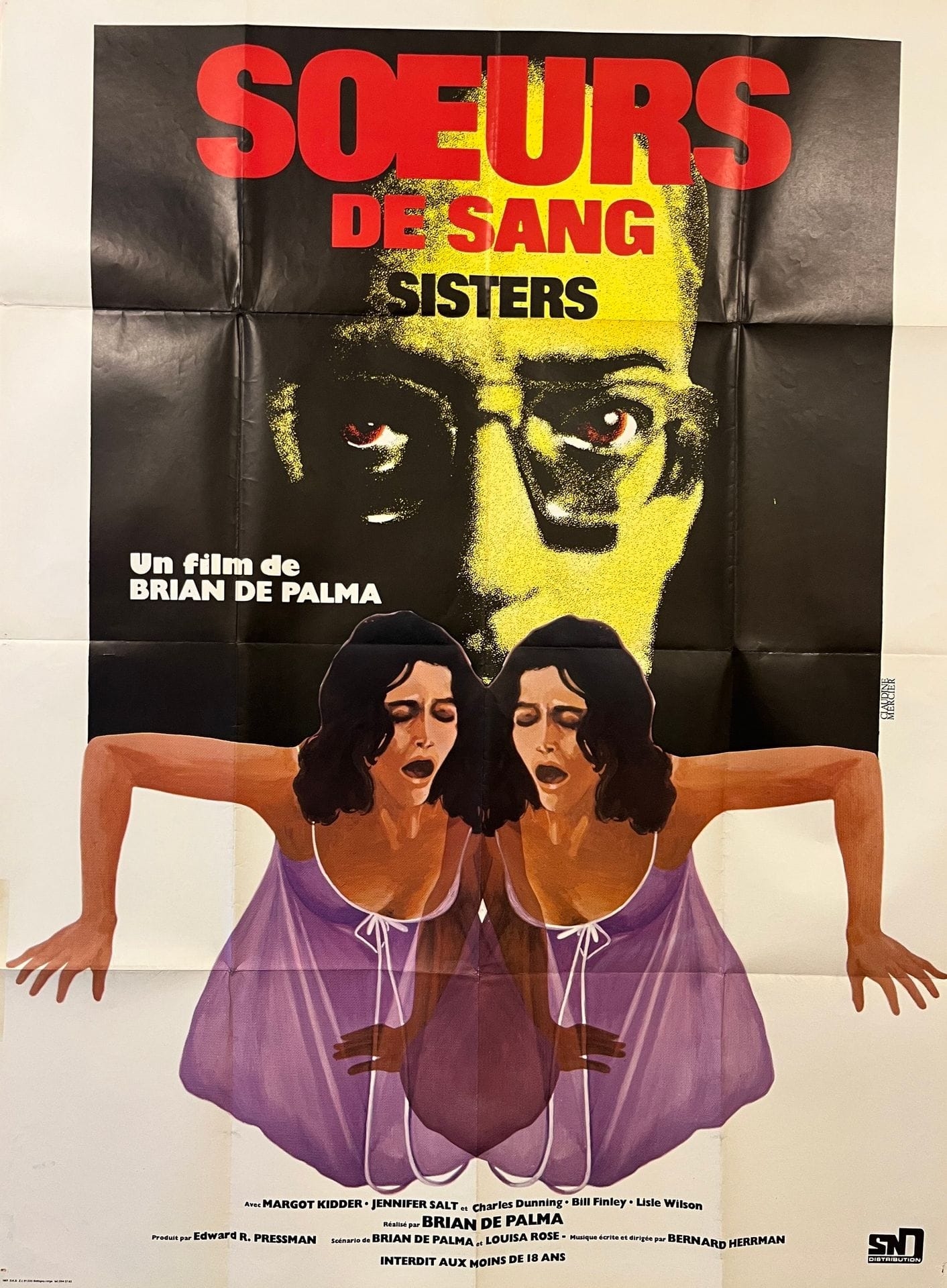 A dramatic movie poster featuring a split face and two identical figures in purple dresses.