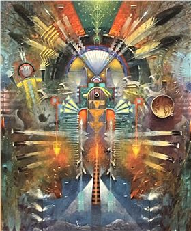A vibrant, symmetrical abstract composition featuring a central geometric figure surrounded by radiating shapes and glowing elements.