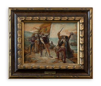 A framed historical painting depicting a dramatic naval battle scene with figures in period armor.