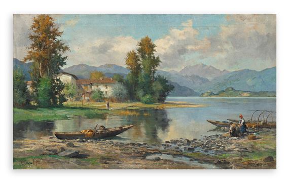 A serene landscape painting of a lakeside village with figures by the water.