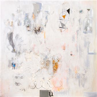 An abstract composition featuring a textured white canvas with scattered geometric shapes, faint text fragments, and soft pastel colors.